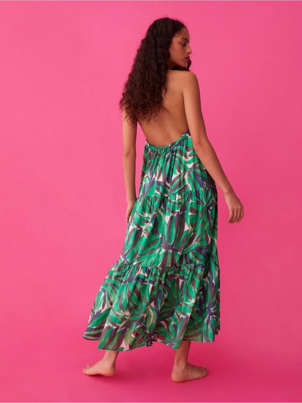 Oysho Tropical Cotton Maxi Dress Cotton Halter Beach Vacation Size S - Picture 2 of 5
